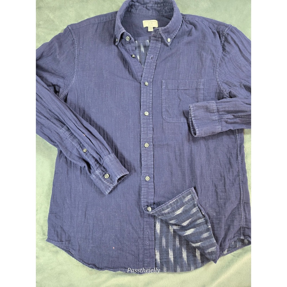 Club Monaco Shirt Mens Medium Aztec Lined Oxford Blue Button Down 100%‎ Cotton